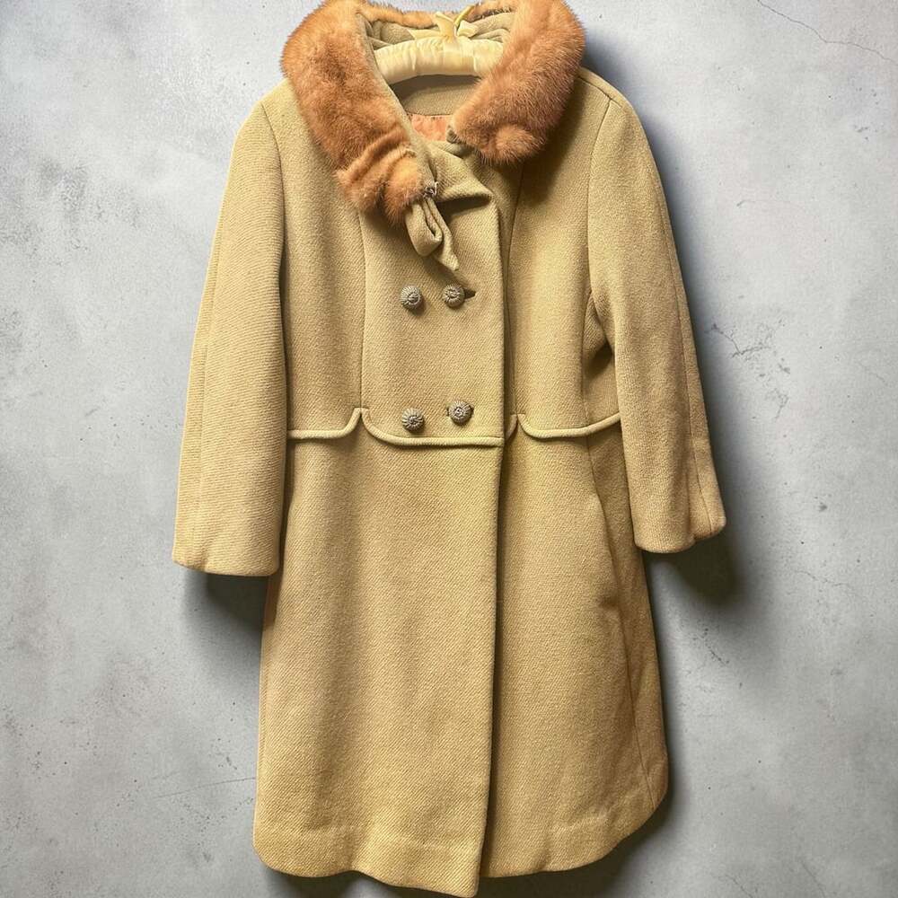 Vintage 1960s Sage Green Wool Princess Coat Mink Collar Jackie Kennedy Mad MenXS